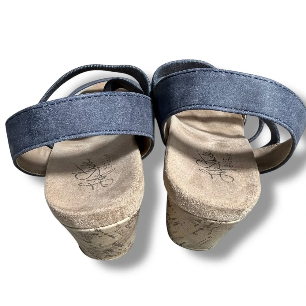 LifeStride Marina Wedge Sandals Blue Fabric Elastic Comfort Size 7.5M